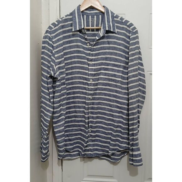 J crew Baird mcnutt mens large 100% Irish linen longsleeve stripe shirt blue - Picture 1 of 6
